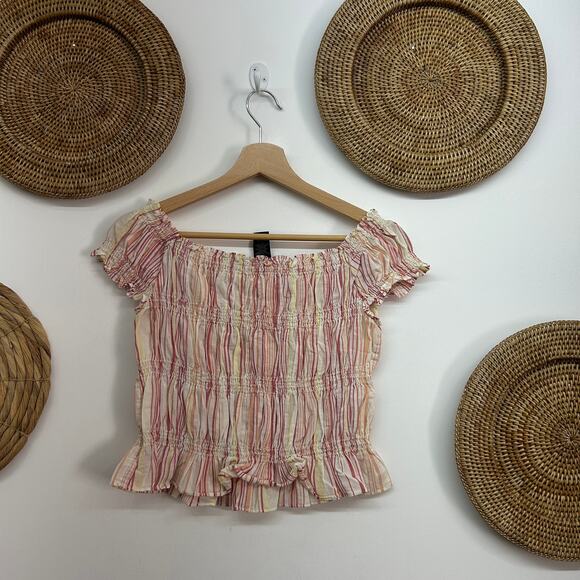 Vintage Y2K 2000s Express Pink Striped Smocked Cropped Off Shoulder Crop Top 7/8 - Picture 3 of 6
